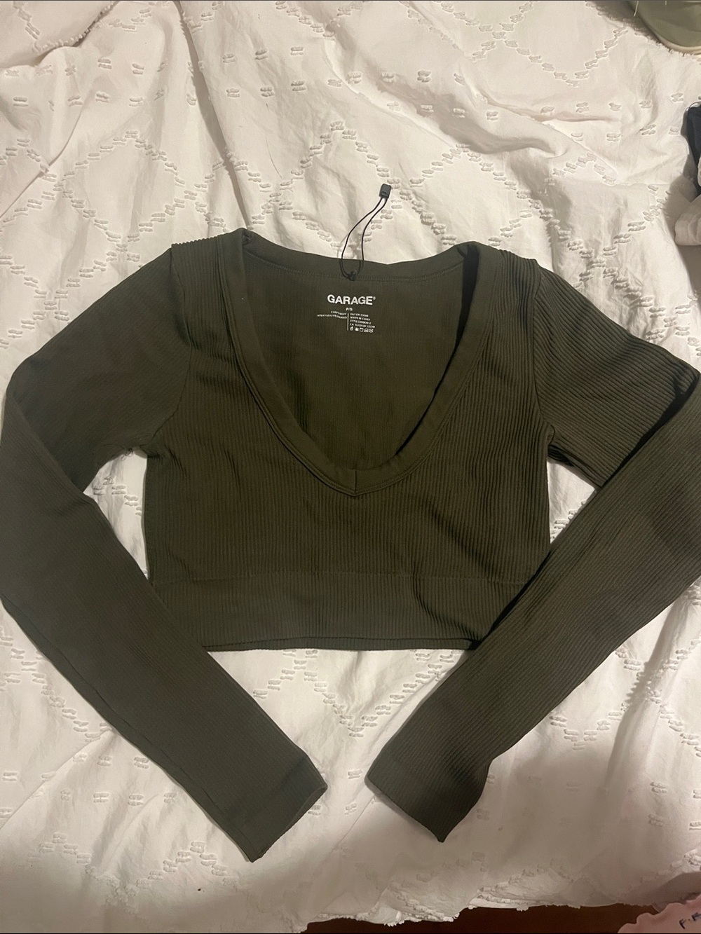 Garage Olive Ribbed V-Neck Long Sleeve Crop Top